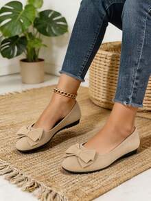 Bow Decor Suede Flats For Women, Casual Slip-On Loafers, Lightweight & Non-Slip, Suitable For Daily Occasions, Ideal Birthday & Holiday Gift - Khaki - View 4