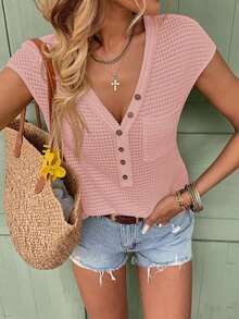 Camiseta de punto de gofre de cuello en V sólido, de manga corta, casual para primavera y verano - Rosa - Ver 3