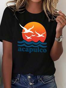 FashionNEWCamisetas Ligeras con Estampado Gráfico para Mujer - Camiseta de Algodón Puro con Estampado de Atardecer en la Playa de Acapulco, México y Gaviota, con el logo de ACAPULCO - Camiseta blanca informal para vacaciones, adecuada para todas las estaciones, lavable a máquina, ropa de verano de temática mexicana, 100% algodón, la opción más vendida. Camiseta unisex de algodón holgada de manga corta y cuello redondo estilo vintage urbano - Negro - Ver 6