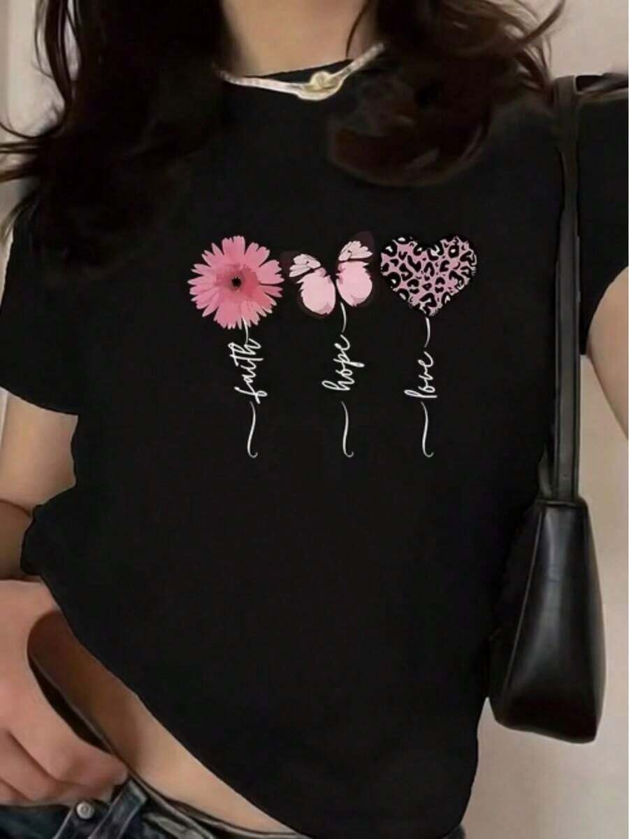 Camiseta estampada para mujer, top casual de manga corta, estampada con Fe, Esperanza, Amor y motivos de flores, mariposas y corazones, adecuada para salidas diarias y vacaciones - Camiseta unisex de algodón holgada de manga corta y cuello redondo estilo vintage urbano. - Negro - Ver 1