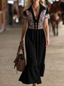 Plus Size Bohemian Western Print Patchwork Maxi Dress, Front Button Ruffle Hem Long Dress Elegant - Black - View 2