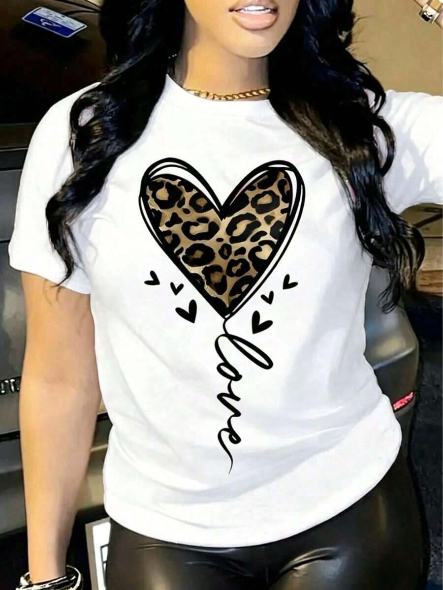 Vintage Camiseta casual para mujer estilo cute, estampado de corazón animal print con letras, tejido suave, color liso, ajuste regular, cuello redondo, manga corta, primavera verano, uso diario, camisetaFashion 100% Cotton - Blanco - Ver 1