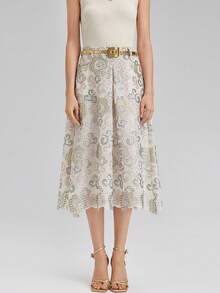 Rich Radi Q's Women's Fashion A-Line Skirt, Elegant Mid-Length Design, Woven Fabric With Contrasting Lace Belt, Suitable For Summer Wear - White - View 15