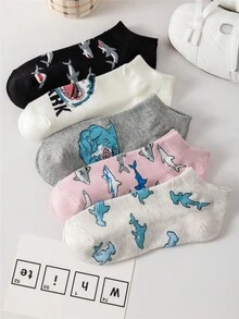 Bộ 5 đôi tất cổ thấp hình cá mập cho bé gái lớn, tất in hình động vật biển dễ thương, tất cotton không lộ cổ chân ngộ nghĩnh cho thiếu nữ, bộ tất cá mập thoáng khí thường ngày. - Nhiều màu - Xem 2