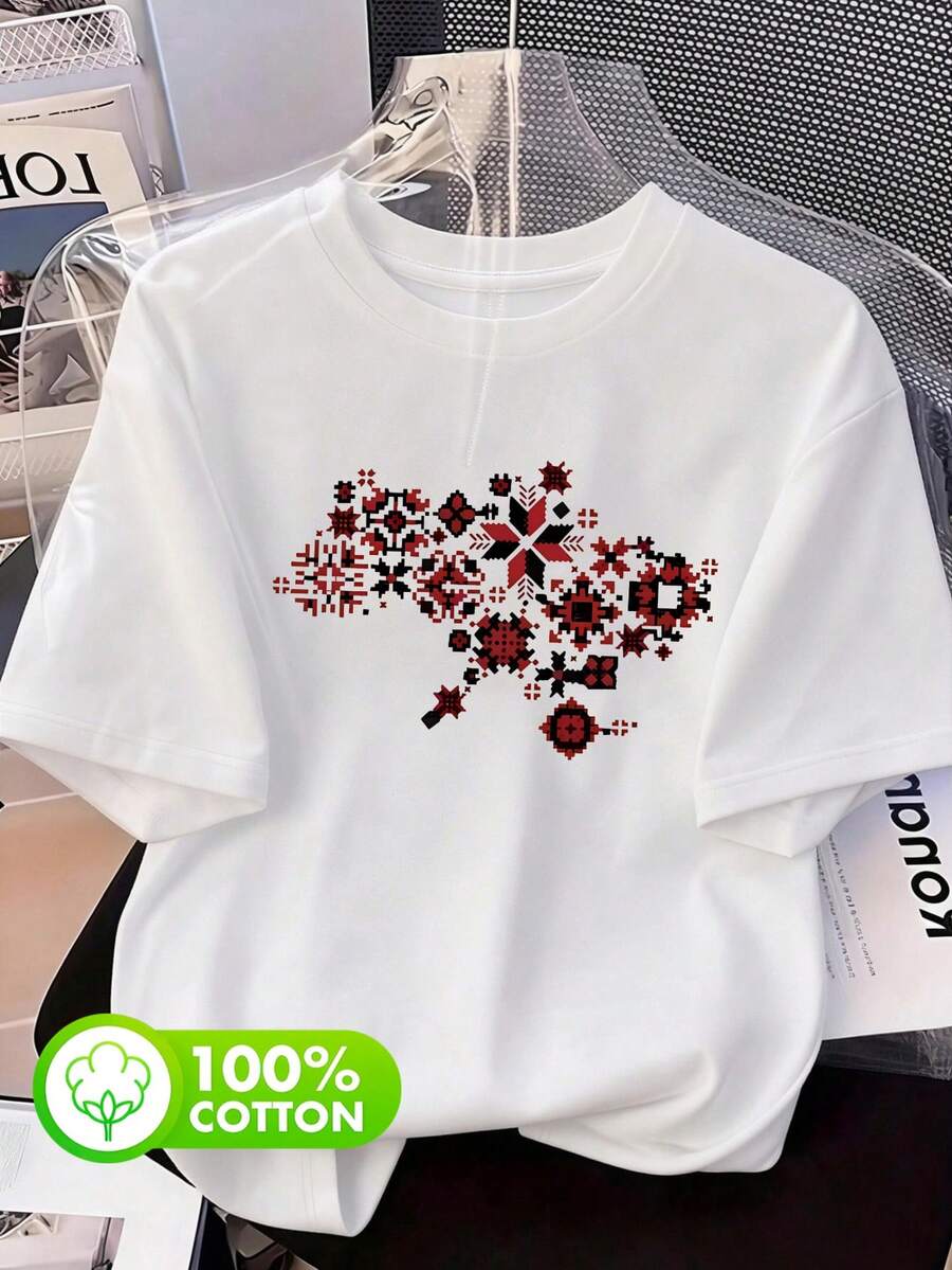 大码女式日常旅行100%纯棉波西米亚风印花圆领短袖复古简约夏季女式白色上衣T恤休闲 - 白色 - 查看 1