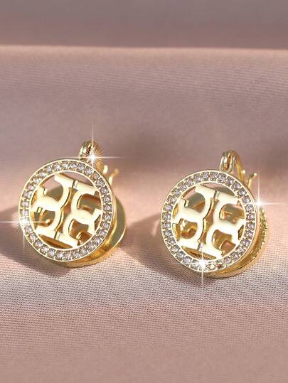 jealous young 1pair Chic Unique Round Badge Shaped Hollow Cubic Zirconia Hoop Earrings, Versatile Gold Plated Geometric Design Women's Jewelry For Daily Wear, Office, Dating, Party, Vacation And Birthday Gifting
