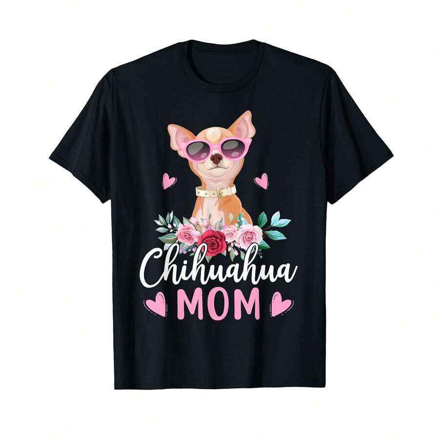 Camiseta unisex de manga corta, Camiseta con diseño de mamá Chihuahua con gafas de sol y flores para dueño de Chihuahua, camisetas de hombre, Spiderman, , camisetas de mujer, Romwe para hombre, boho chic, regalos para maestros, camiseta de mujer, atuendos curvy para hombre, y2k - Negro - Ver 1