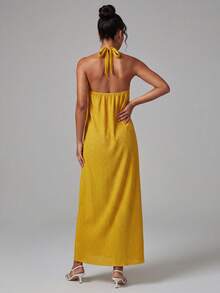 Women Long Halter Neck Dresses Loose Solid Sleeveless Open Back Tie-up Dress for Summer Beach Party Club - Amarillo - Ver 6