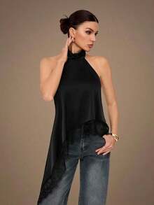 Tall Top de camisola sin espalda con adorno de encaje elegante, blusa sin mangas de satén con parches sexy para fiestas, cócteles, ocasiones formales, Navidad, casual de negocios - Negro - Ver 3