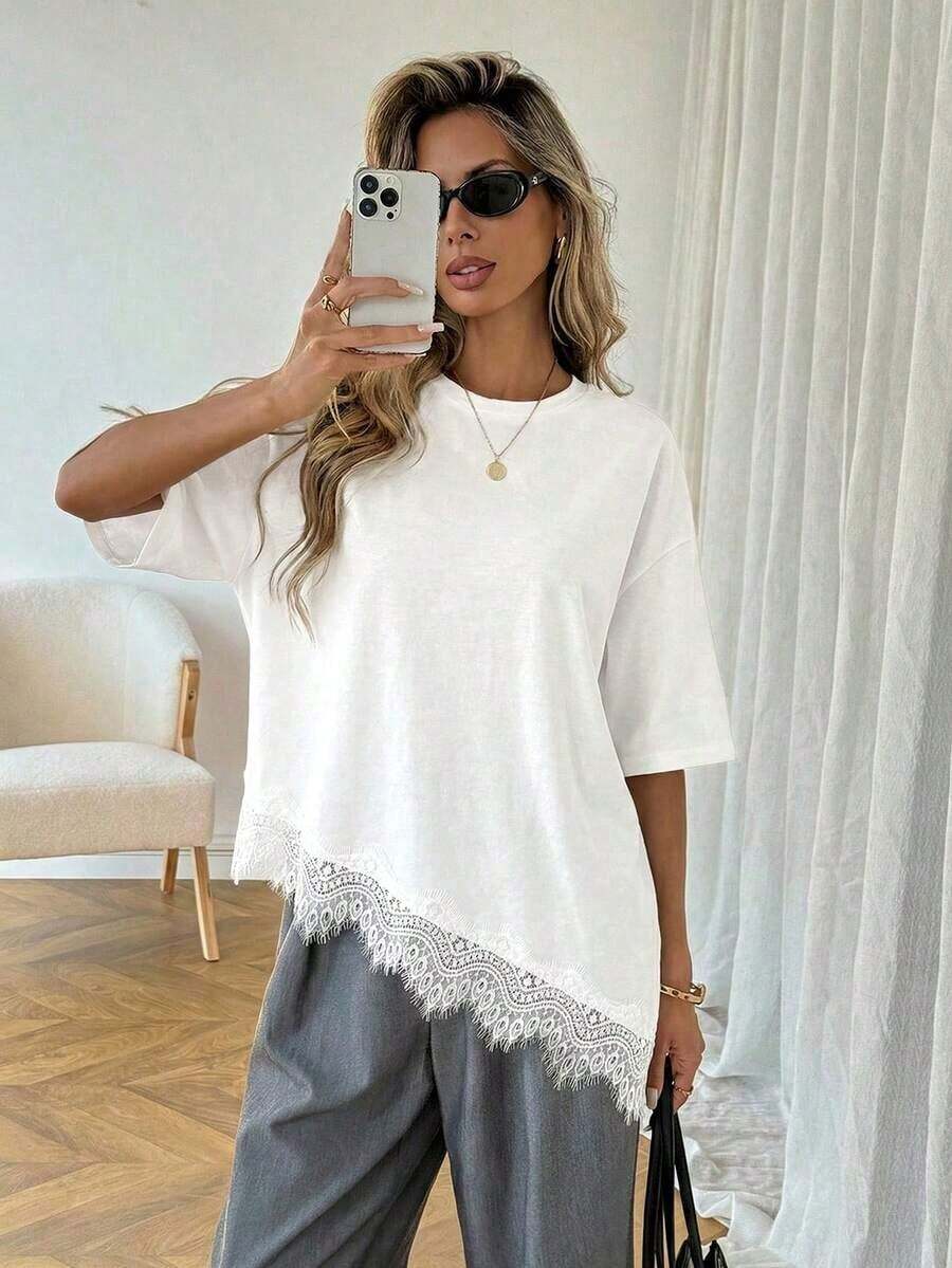LUNE Women's Casual T-Shirt With Asymmetrical Lace Hem, Solid Color, Everyday Basics, Casual Spring/Summer Blouse For Women's Vacation, Summer Vacation For Women, Spring For Women, Spring Vacation, Beach Top - 白色的 - 查看 1