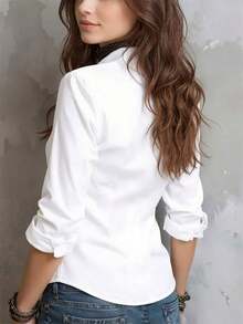 1 Piece Elegant Solid Color Double Layer Polyester Blouse For Women, Suitable For Vacation, Daily Wear, Office And Home Wear In Spring/Summer, Black - 白色的 - 查看 9