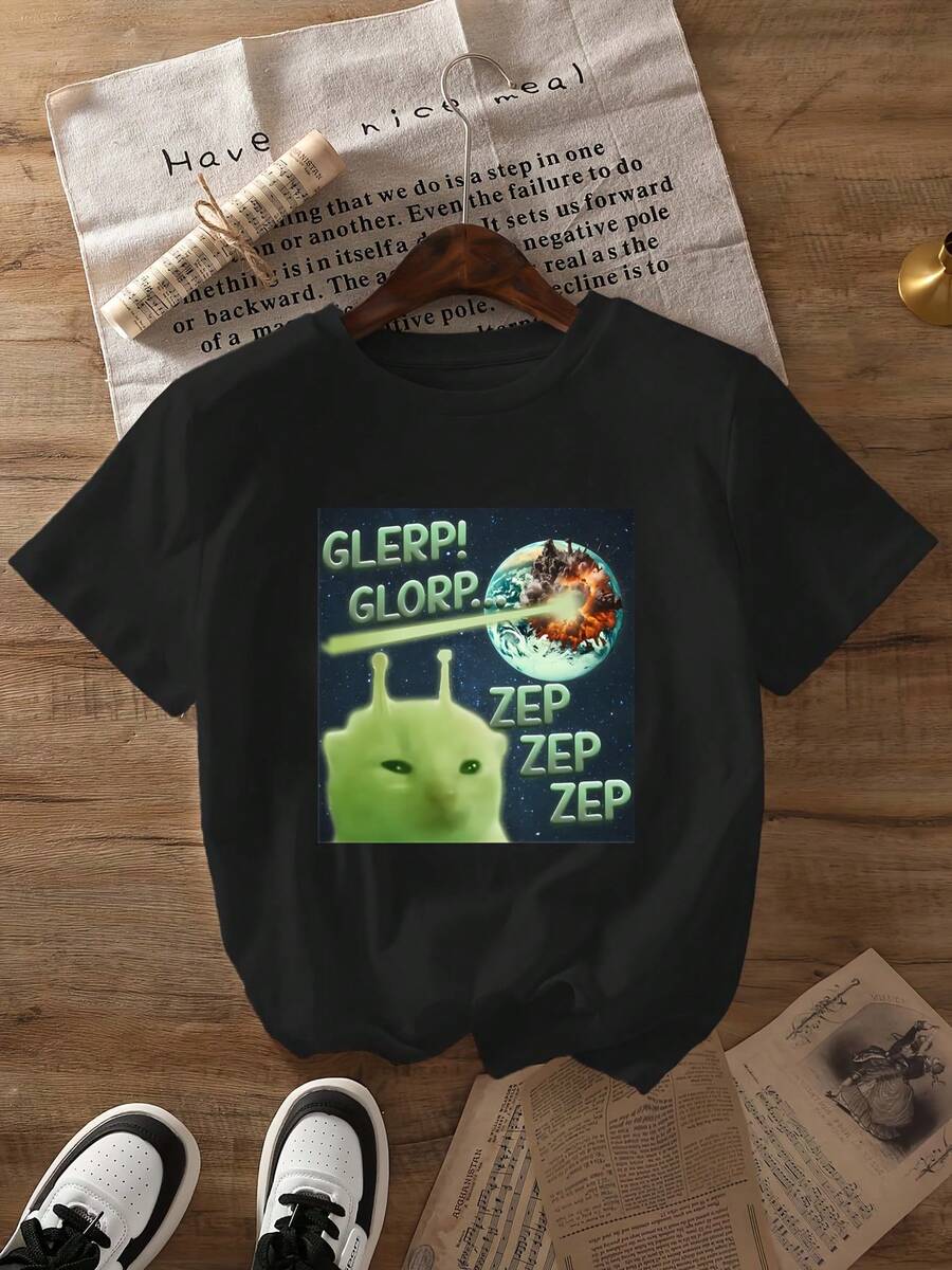 GiftGiftGiftGift1PSC Camiseta con estampado gráfico de gato alienígena interesante, manga corta, cuello redondo, top casual para verano y primavera, ropa de mujer, camisetas suaves.SoftSoft - Negro - Ver 1
