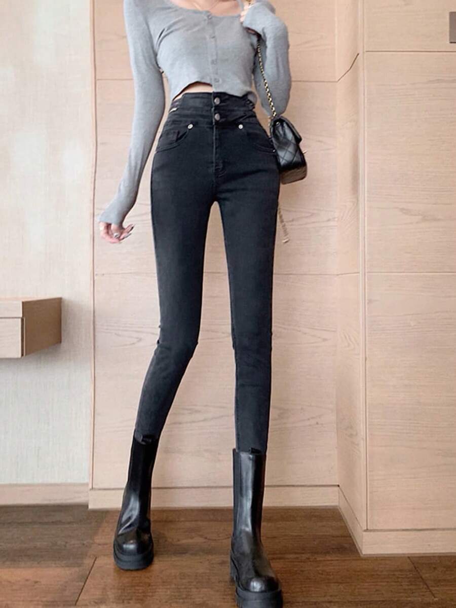 女款高腰口袋修身休閒百搭牛仔褲 黑色 秋季 - 黑色 - 查看 1