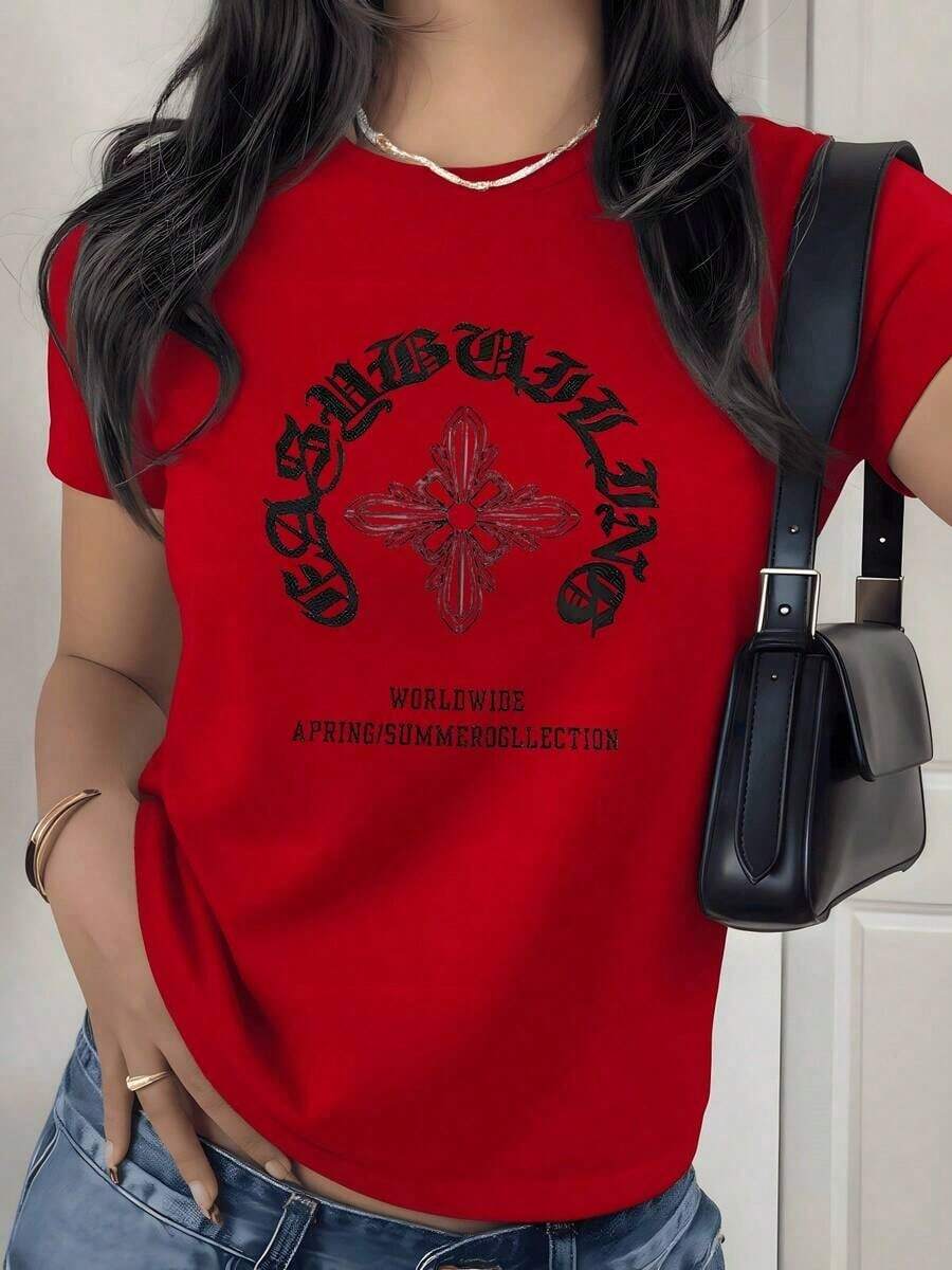 Vintage T-Shirt With Gothic Cross Graphic Print, 1 Piece, Women's Casual T-Shirt 100% Cotton, Vintage Streetwear Style, Fashionable Summer Top - 紅色 - 查看 1