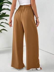 Pantalones casuales sueltos con bolsillos plisados y unicolor básico para mujer - Marrón - Ver 2