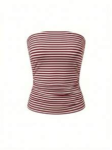Áo tank top không dây, màu trơn, co giãn ôm sát dành cho nữ của Vaiaye, áo camisole cơ bản không dây thời trang cho mùa xuân và mùa hè. - Sọc đỏ và trắng - Xem 3