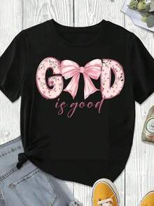 Camiseta Blanca de Pascua con Estampado Floral Rosa y Lazo, Estilo Casual para Primavera Verano - Negro - Ver 3