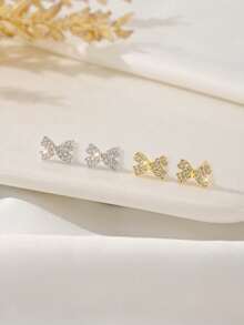 1 Đôi bông tai hình nơ bằng bạc Sterling S925 đính đá Cubic Zirconia, thanh lịch và tinh tế, thích hợp để đeo hàng ngày, dự tiệc, lễ hội, làm quà tặng ngày lễ. - nơ - Xem 1