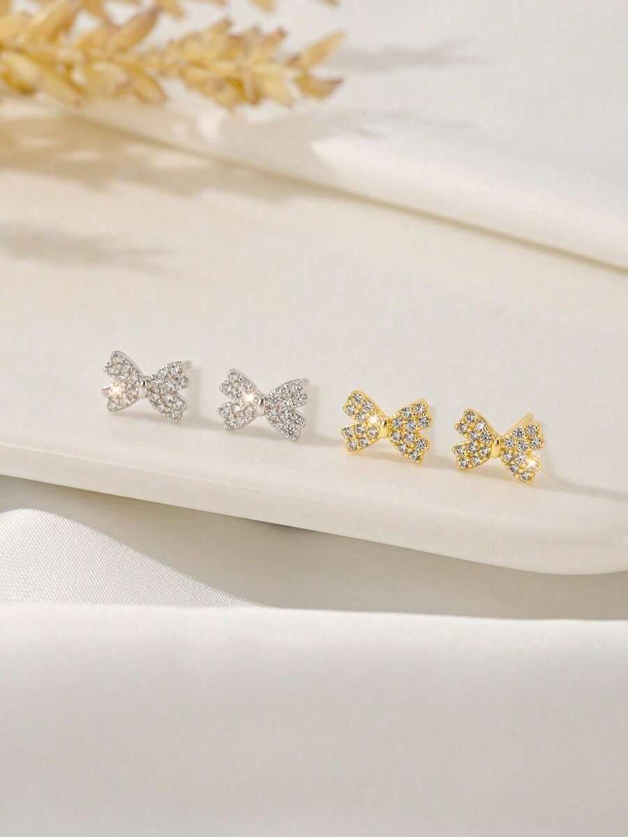 1 Đôi bông tai hình nơ bằng bạc Sterling S925 đính đá Cubic Zirconia, thanh lịch và tinh tế, thích hợp để đeo hàng ngày, dự tiệc, lễ hội, làm quà tặng ngày lễ. - nơ - Xem 1