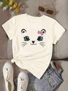 Soft 100% Cotton T-Shirt, Women's Short Sleeve White Casual T-Shirt, Round Neck, Regular Length, Cat Print, Breathable Cotton T-Shirt, Goes With Everything, Great. - 白色 - 查看 2