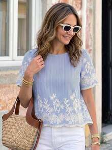 Blusa Corta Bordada Casual para Mujer, Camisas Campestres de Primavera/Verano para Mujer, Ropa de Verano para Vacaciones Campestres - Azul 2 - Ver 12