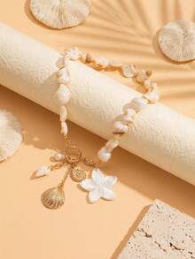 1pc Colorful Beaded Y-Shaped Clasp Necklace With Shell & Starfish Pendants, Unique Beach Vacation Style Jewelry For Daily Wear And Party, Random Assorted Stone Colors And Shapes - Multicolor - View 3