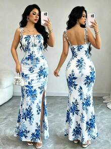 Nuevo vestido de mujer con tirantes de espagueti, lazo en la cintura, diseño de dobladillo fruncido y abertura, versátil para citas, fiestas y uso diario, favorecedora y elegante - Azul y blanco - Ver 9