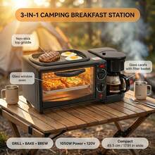 4-In-1 Portable Breakfast Station - Bake, Toast, Pan-Fry & Brew Coffee/Tea, 60-Min Timer, Easy-Clean & User-Friendly Knobs - Black, Modern Kitchenware, Outdoor Cooking, Sleek Design, Sturdy Construction, Multifunctional Appliance, Home Cooks - Black - View 2