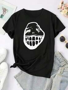 Oferta por tiempo limitado, compra limitada, flash oferta,blusas para dama casuales,poleras mujer,playeras de mujer>algodon,blusas>elegante,Camiseta de mujer con estampado de emojis divertidos - Camiseta blanca con diseño de emojis negros - Corte holgado, ideal para el día a día - Transpirable y cómoda, camiseta de mujer para el día a día, diseño divertido, corte cómodo, estilo urbano, tejido ligero, cuello redondo Blusas Bonito 100% Cotton - Negro - Ver 4