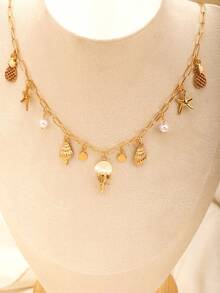 1 Mặt dây chuyền hình sao biển, vỏ sò, ngọc trai và sứa, thích hợp cho phụ nữ đeo trong các kỳ nghỉ biển. - Vàng - Xem 5