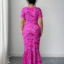 Elenzya Plus Size Women Floral Print Stretch Knit Bodycon Dress, Round Neck Short Sleeve Fitted Dress, Available In June - Multicolor - Ver 3