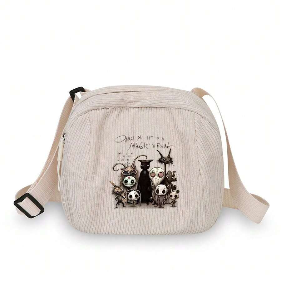 Corduroy Crossbody Bag For Women And Girls  
Nightmare Before Christmas Characters And Magic Words Print  
Perfect For Daily Use School Travel And Casual Outings - 米白色 - 查看 1