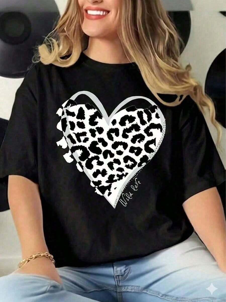 SimpieAndVersatileDesign Casual Wear Women's White T-Shirt With Leopard Heart In Black And White, Fashionable "Wild Love" Short Sleeve T-Shirt, Modern Animal Print Top, Basic Aesthetic Style Blouse For Daily Wear Or Going Out - Vintage Street Style Unisex Loose Cotton Short Sleeve Crew Neck T-Shirt - 黑色 - 查看 1