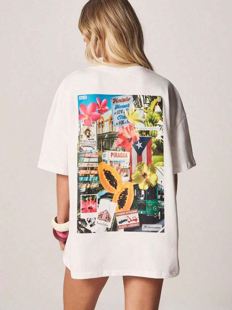 ropa de mujer Puerto Rico Camiseta de algodón oversize con estampado en la espalda para vacaciones de verano en la playa, camiseta gráfica casual, camisas de mujer - Blanco - Ver 1