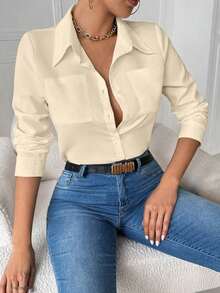 Blusa blanca casual con cuello y bolsillo, de manga larga ajustada para mujeres - Albaricoque - Ver 3
