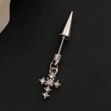 1pc Stainless Steel Cross Spike Pendant With Rhinestones, Minimalist Fashion Jewelry Earring For Women, Suitable For Daily Wear And Parties - Silver - View 4