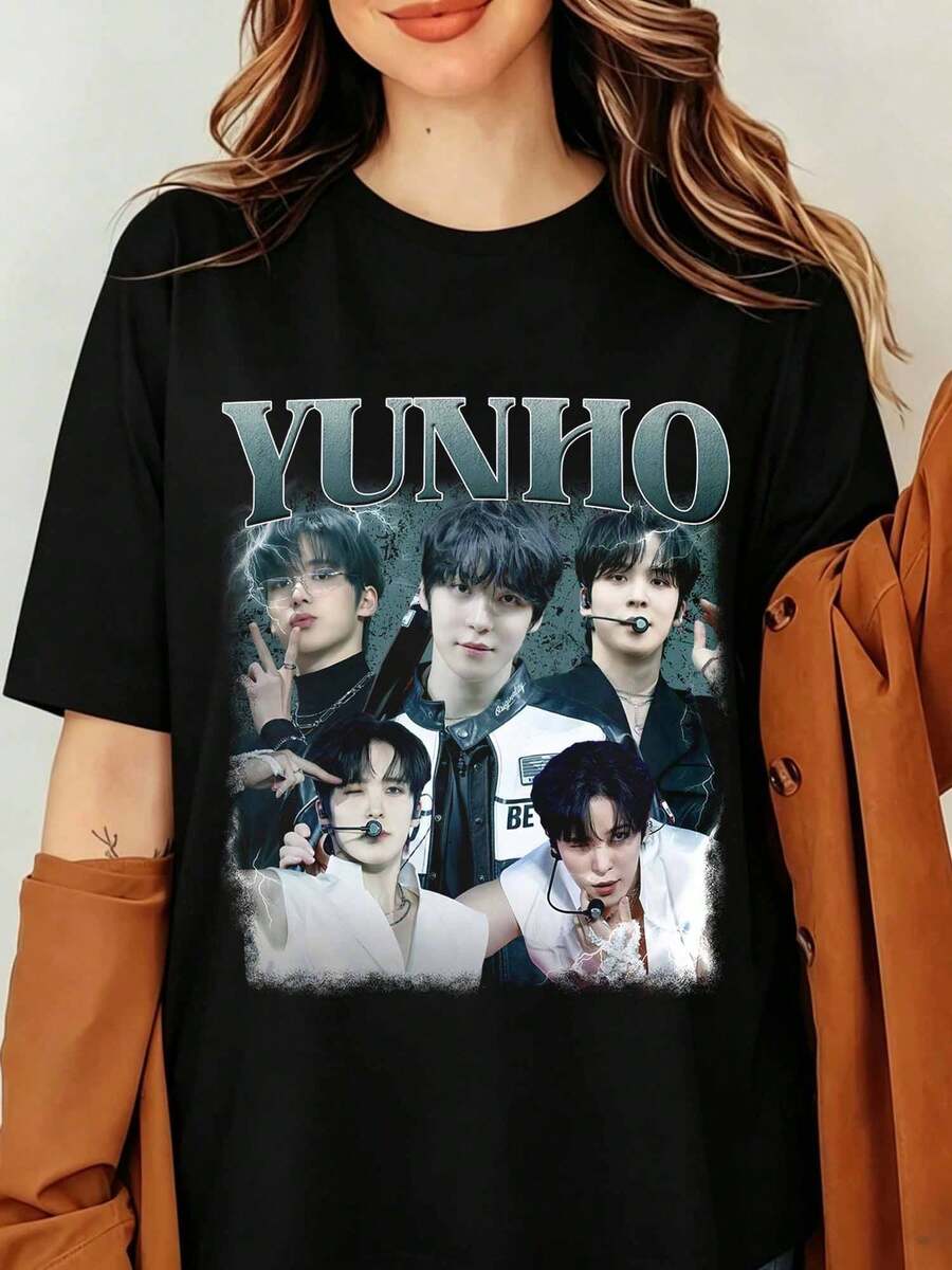 Yunho Ateezs K-Pop Graphic T-Shirt Song Yunho Vintage 90s Bootleg Print Black Oversized Cotton Tee Men Women Streetwear Top, Yunho Ateezs Vintage 90s Retro T-Shirt, Rafik Shirt - Black - View 1