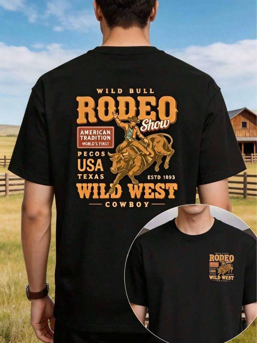 GiftCamiseta de hombre, estilo denim falso para festival, estampado tradicional americano de doble cara, moda de hombre de manga corta, ideal para uso diario, ocio y ropa deportiva al aire libre, un top de moda imprescindible para hombres100% cottonSoft - Negro - Ver 1