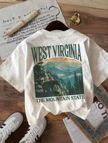 Gift Women's Double-Sided Print Blouses, Women's Casual Summer Top, Vintage Style, West Virginia The Mountain And Bear Print, Crew Neck, Short Sleeve, Size L, Gym Y2K, Crew Neck, 100% Cotton, Soft Fabric, Short Sleeve. Soft - 白色的 - 查看 4