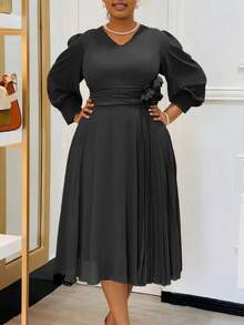 Vestido en corte A de color liso, elegante y con estilo, nueva llegada de primavera para tallas grandes - Negro - Ver 4