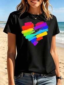 Camiseta de Mujer con Diseño de Corazón Arcoíris Orgullo LGBT, Divertida, de Manga Corta, Estampado Gráfico, Novedosa, 100% Algodón, Cuello Redondo, 220g - Negro - Ver 1