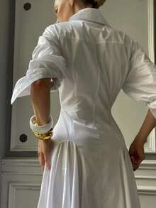 Vestido camisero blanco plisado, cuello solapa, manga larga, cintura alta, botones simples, estilo elegante largo - Blanco - Ver 5