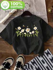Camiseta Casual de Verano para Mujer Y-Maegan con Estampado de Margaritas - Manga Corta, Cuello Redondo, Diseño de Margaritas Blancas sobre Fondo Negro, Tela Ligera y Transpirable para Primavera y Verano, Ropa Casual y de Jardinería, Top con Estampado Floral, Ajuste Cómodo - Negro - Ver 6