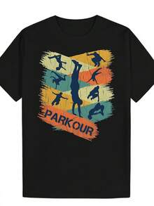 Lightweight Summer T-Shirt With A Colorful Parkour Silhouette Design And The Word 'PARKOUR' On A Black Background, Perfect For Casual Wear And Made From Breathable Fabric. A Short-Sleeved T-Shirt Suitable For Home, Everyday Wear, Parties, And Travel, Ideal As A Gift For Friends Or Family. - 黑色 - 查看 6
