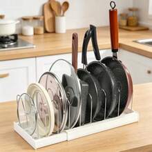 Estante de Ollas, Organizador de Ollas y Sartenes Corredero, 9 Compartimentos Ajustables Estante Tapas de Ollas Cajon, Acero inoxidable para Sartenes, Ollas y Tapas - Blanco - Ver 2