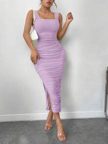 Vestido de graduación; Vestido ajustado de malla con superposición fruncida y abertura en el muslo, vestidos en tonos pastel para mujeres - Lila Púrpura - Ver 6