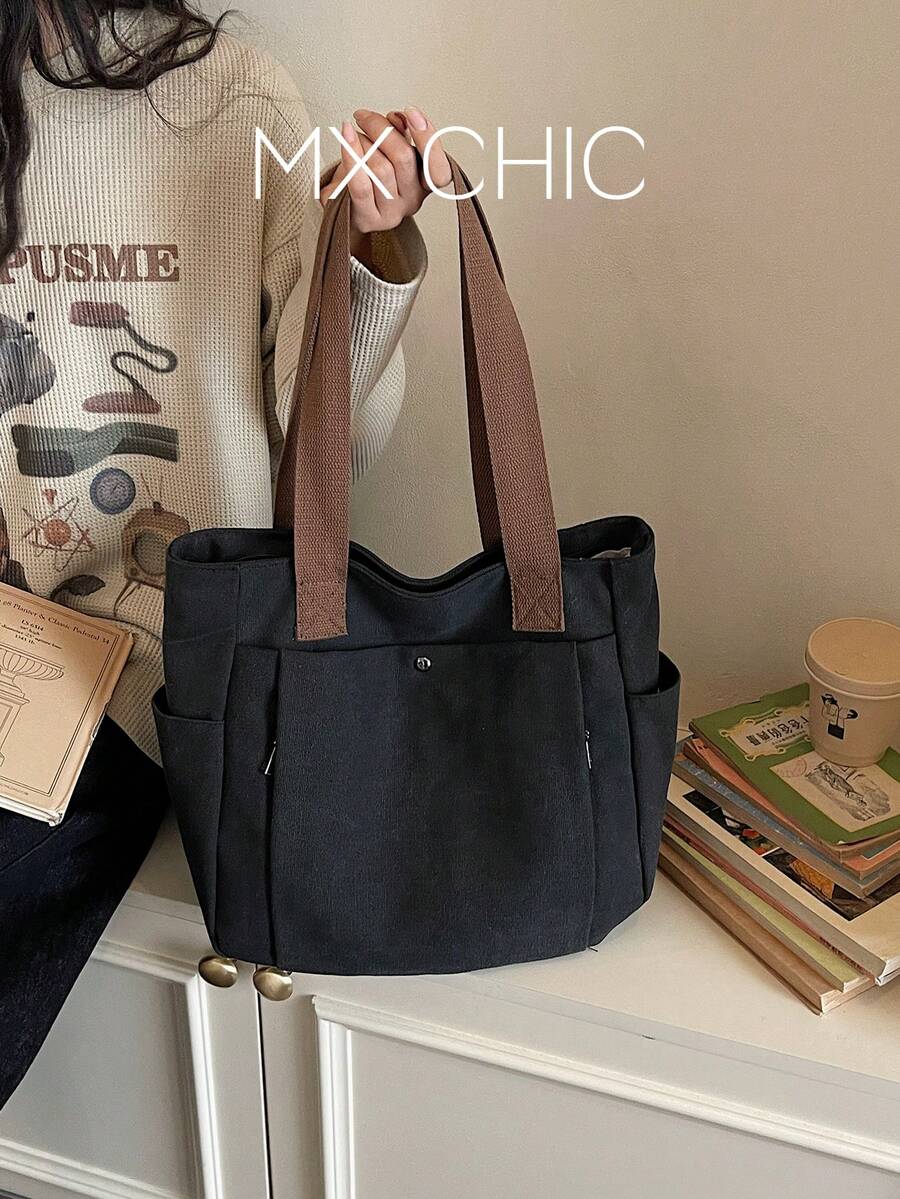 1 Piece Contrasting Color Stitching High Quality Canvas Shoulder Bag Casual Retro Hobo Bag Detachable Shoulder Strap Crossbody Bag Perfect For Women Teacher's Day Gift - Black - View 1