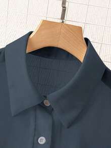 Blusa minimalista de unicolor transparente con cuello vuelto, blusas de manga larga - Azul 2 - Ver 3