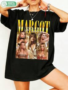 100% Cotton Margott Robbieee Retro Graphic T-Shirt, & Actress Vintage 90s Bootleg Style T-Shirt, Casual Short Sleeve Crew Neck Top For Fans, Oversized Streetwear Black. - Black - View 6