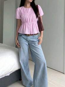 Camisa de mujer con mangas cortas y rayas, uso casual de oficina - Rosa - Ver 4
